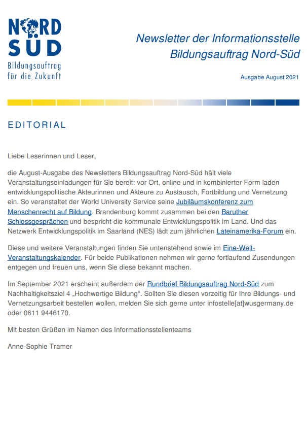 Newsletter Bildungsauftrag Nord-Süd / August 2021