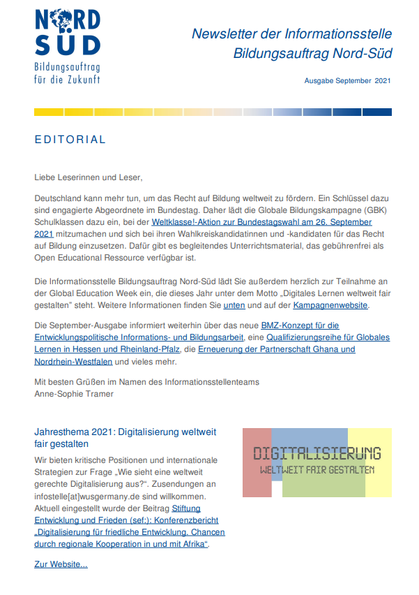 Newsletter Bildungsauftrag Nord-Süd / September 2021