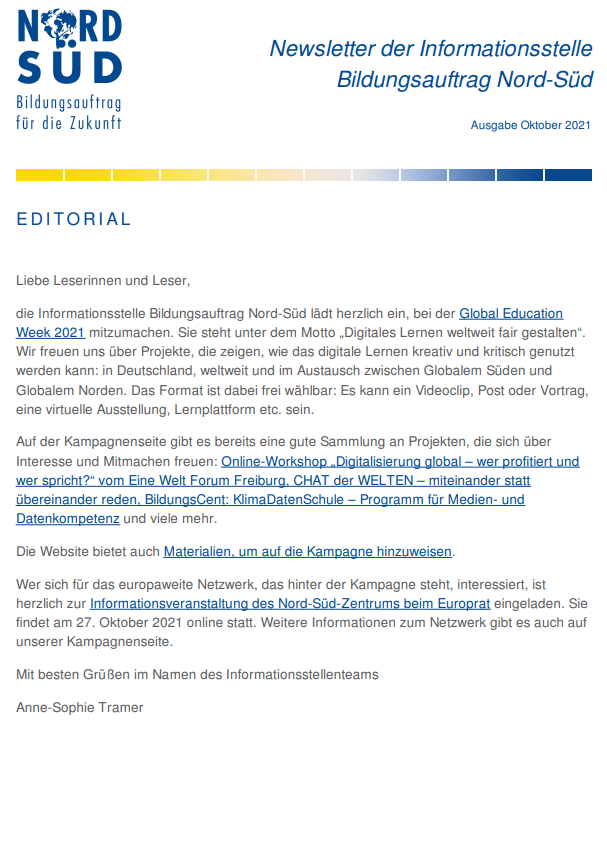 Newsletter Bildungsauftrag Nord-Süd / Oktober 2021