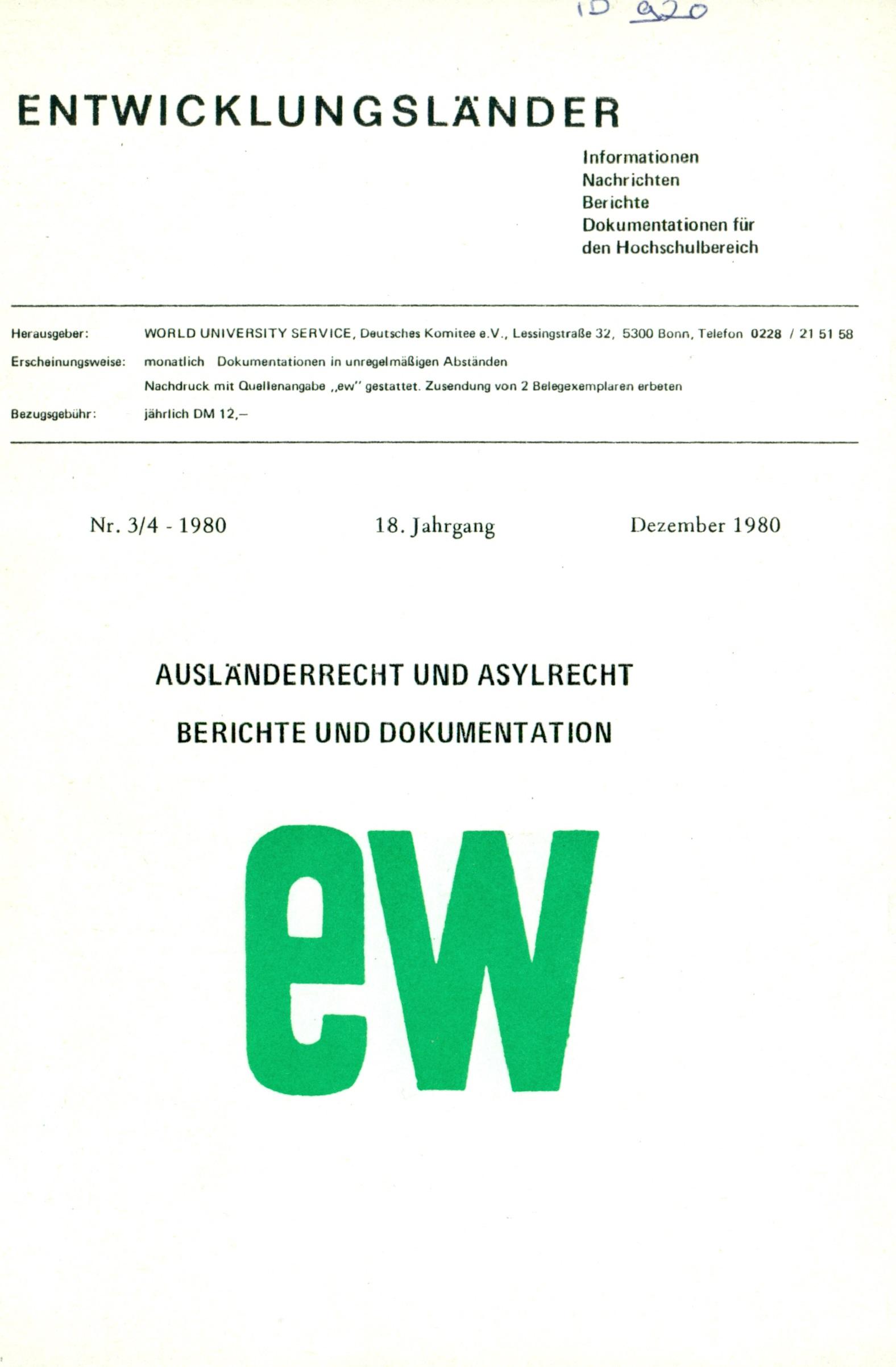 Entwicklungsländer: Ausländerrecht und Asylrecht. Berichte und Dokumentationen