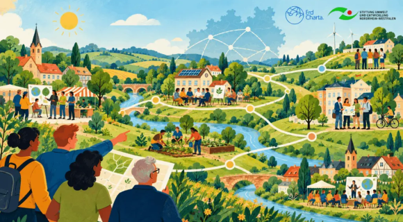 Illustrative Landschaft mit Dörfern, Fluss, Feldern und Windrädern. Menschen tauschen sich an verschiedenen Orten über Nachhaltigkeit aus, bepflanzen Beete und arbeiten gemeinsam an Ideen. Weiße Linien verbinden die Orte miteinander. Logos der Erd-Charta und der Stiftung Umwelt und Entwicklung NRW oben rechts.