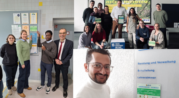 Das zu sehende Bild besteht aus 3 Bildern. Auf der linken Seite ist ein Bild auf dem 4 Personen zu sehen sind, wovon zwei auf eine grüne Plakette zeigen. Oben rechts sieht man ein Gruppenbild mit 11 Personen, welche neben einem Würfel auf dem das SDG 16 abgebildet ist, stehen. Unten rechts sieht man eine lächelnde Persone, die neben einer Tafel steht an der "Beratung und Verwaltung, Schulleitung, Lehrerzimmmer" steht, darunter ist eine grüne "Grenzenlos"-Plakette zu sehen. 