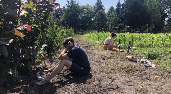 Junge Menschen sitzen auf einem Gemüseacker und haben Kopfhörer auf den Ohren.