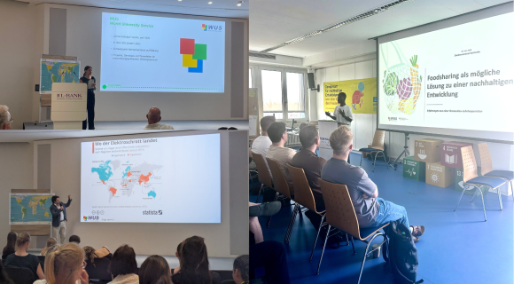 Das Bild ist eine Collage bestehend aus 3 Bildern. Auf der linken Seite sind zwei Bilder die je eine Person auf einer Bühne vor einem Bildschirm zeigen. Auf der rechten Seite steht eine Person in einem Raum und präsentiert etwas. 